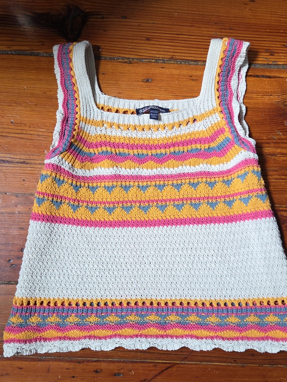 Freshman 1996 Sleeveless Crochet Knit Tank with Yellow& Pink Stripes Size 8/10